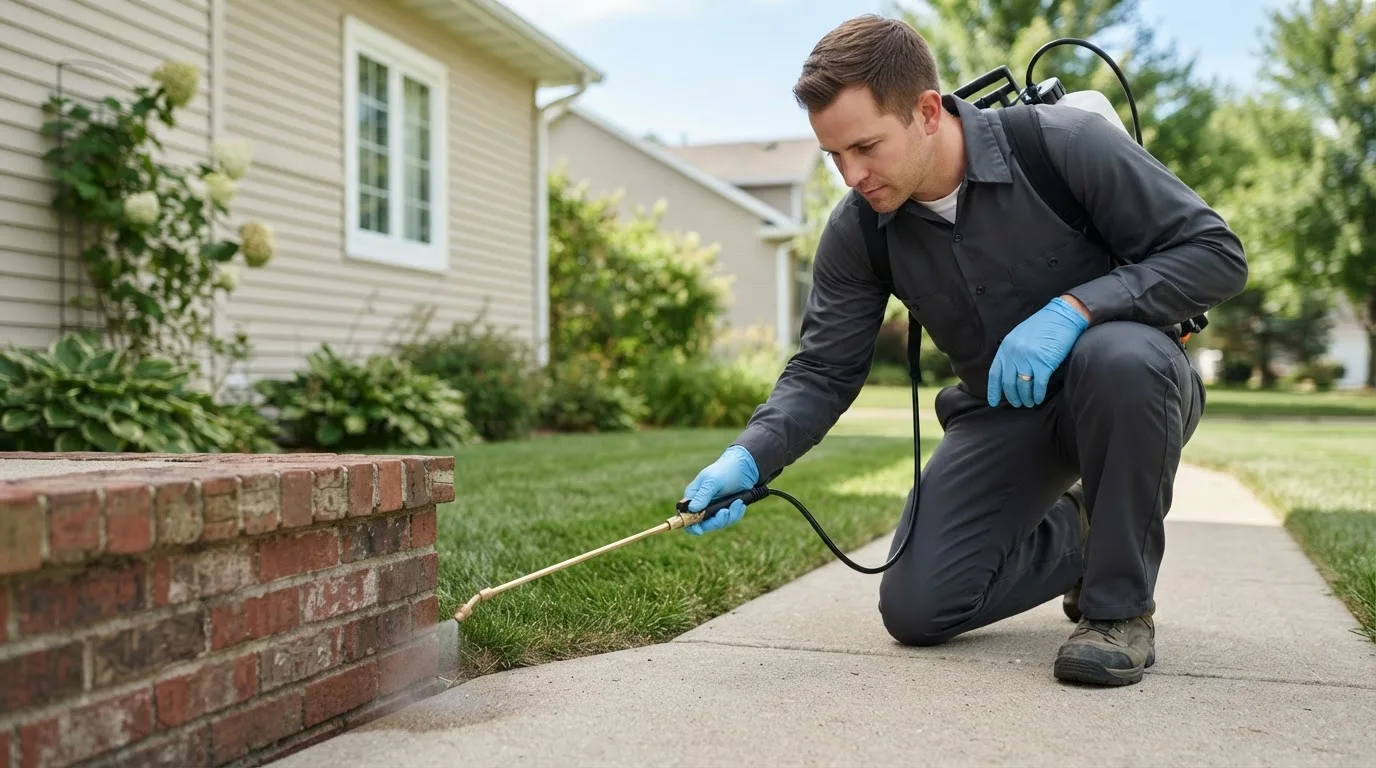 Pest control technician treating a home near Grand Junction, TN